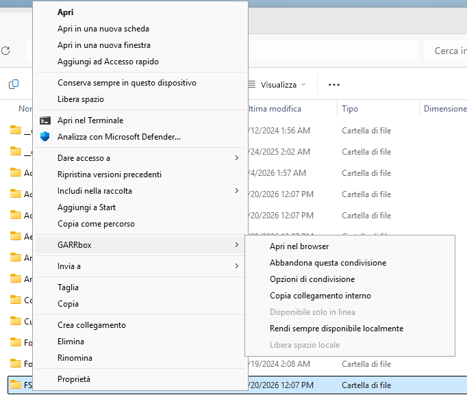 Desktop contextual menu with GARRbox sharing options